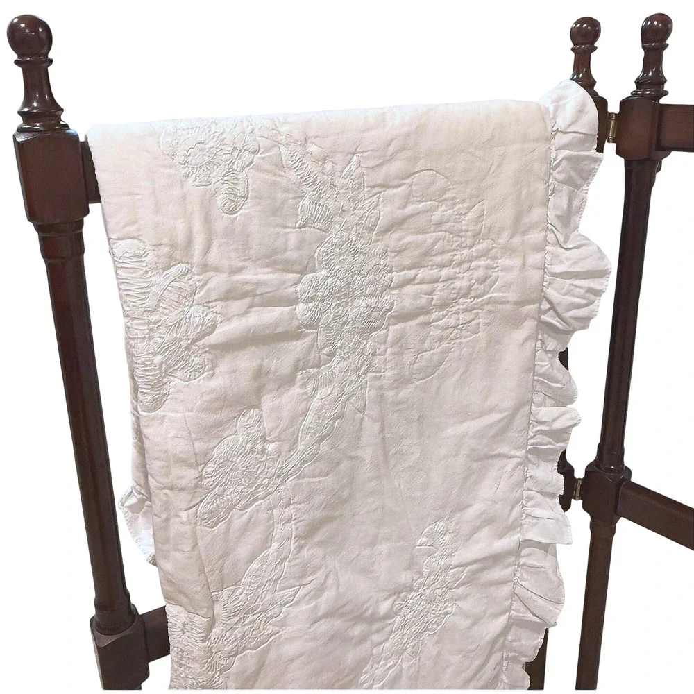 Handmade Whitework Embroidered Baby Coverlet Ruffled Heirloom Vintage Nursery